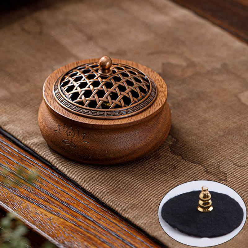 Buddha Stones Bruciatore di incenso rotondo a forma di borsa con drago e fenice in legno di pesco portafortuna. - A forma di barattolo - Design intrecciato - image 0