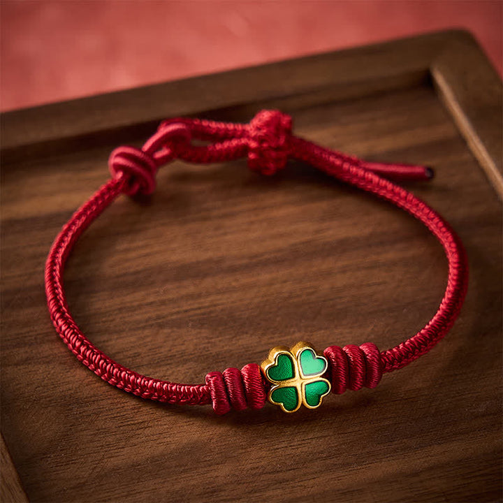 Buddha Stones Braccialetto portafortuna a forma di cuore con corda rossa intrecciata a mano e quadrifoglio verde. - Rosso scuro (Circonferenza del polso: 5,9–6,7 pollici / 15–17 cm) - image 9