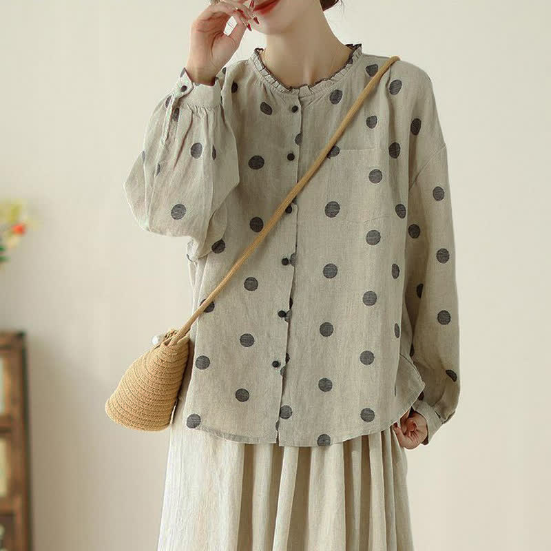 Buddha Stones Camicia da donna a maniche lunghe con bottoni, fantasia a pois, stile vintage, per primavera/autunno, casual e con taschino. - image 1