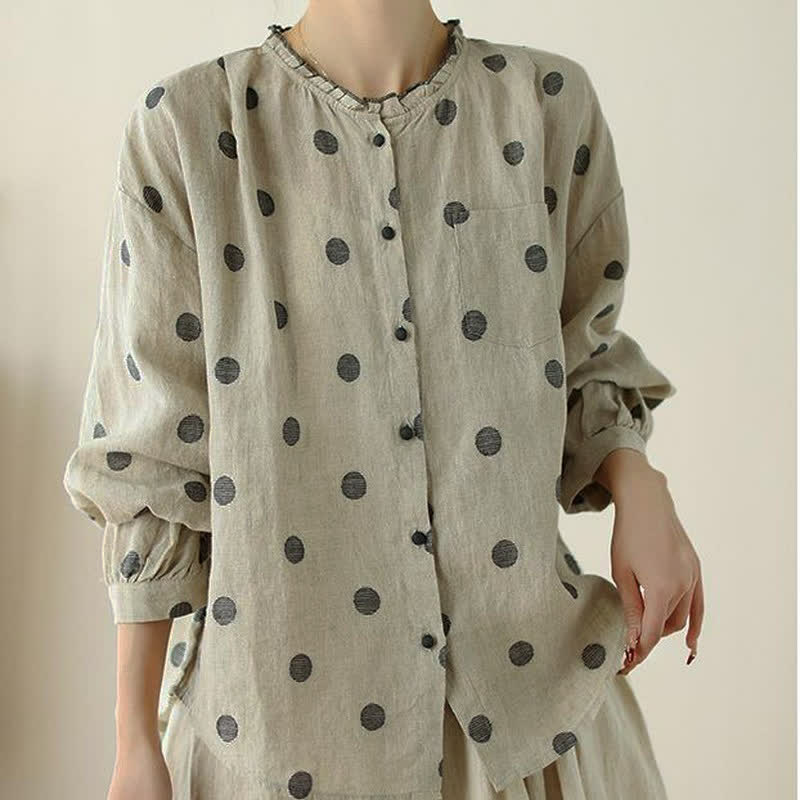 Buddha Stones Camicia da donna a maniche lunghe con bottoni, fantasia a pois, stile vintage, per primavera/autunno, casual e con taschino. - image 5
