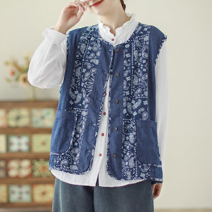 Buddha Stones Canotta da donna stile vintage boho con bottoni e stampa floreale, ideale per primavera e autunno, con tasca. - Blu reale - US12, UK/AU16, EU44 (2XL) - image 0