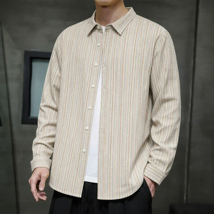 Buddha Stones Camicia da uomo a maniche lunghe in cotone a righe, stile vintage, con bottoni e taschino applicato, perfetta per l'autunno. - Beige - US/UK/AU42, EU52 (3XL) - image 8