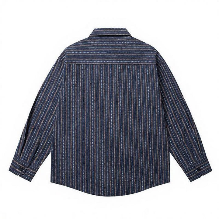 Buddha Stones Camicia da uomo a maniche lunghe in cotone a righe, stile vintage, con bottoni e taschino applicato, perfetta per l'autunno. - image 3