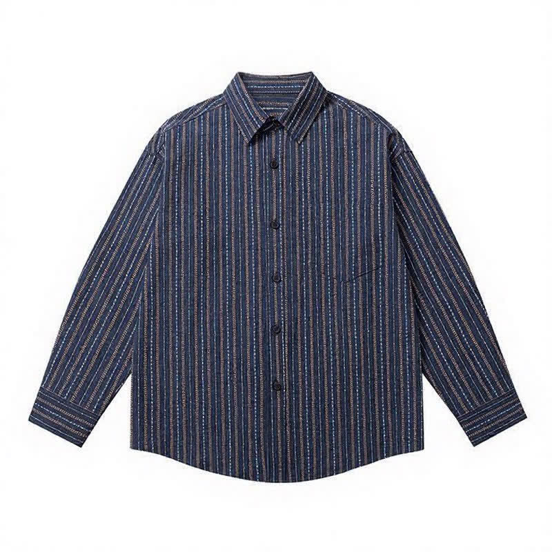Buddha Stones Camicia da uomo a maniche lunghe in cotone a righe, stile vintage, con bottoni e taschino applicato, perfetta per l'autunno. - image 2