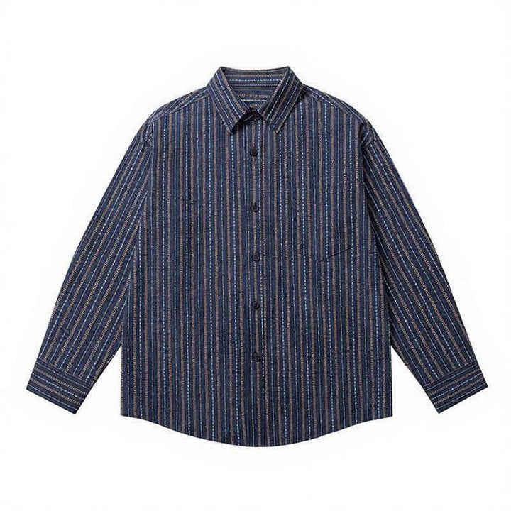 Buddha Stones Camicia da uomo a maniche lunghe in cotone a righe, stile vintage, con bottoni e taschino applicato, perfetta per l'autunno. - image 2
