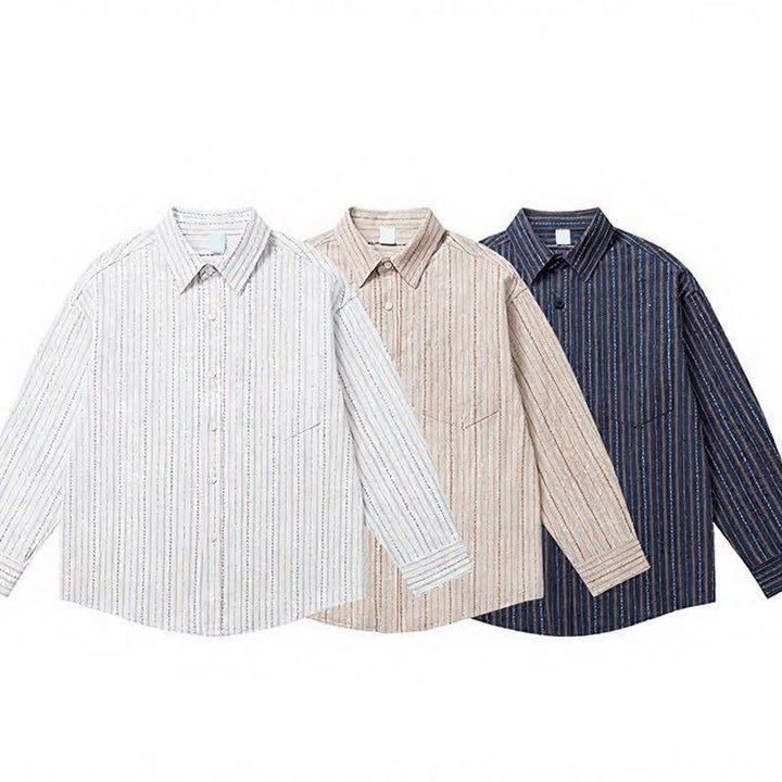 Buddha Stones Camicia da uomo a maniche lunghe in cotone a righe, stile vintage, con bottoni e taschino applicato, perfetta per l'autunno. - image 16