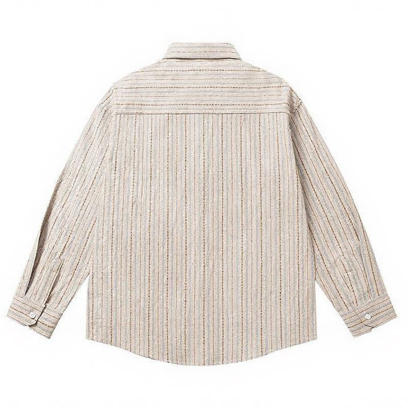 Buddha Stones Camicia da uomo a maniche lunghe in cotone a righe, stile vintage, con bottoni e taschino applicato, perfetta per l'autunno. - image 11