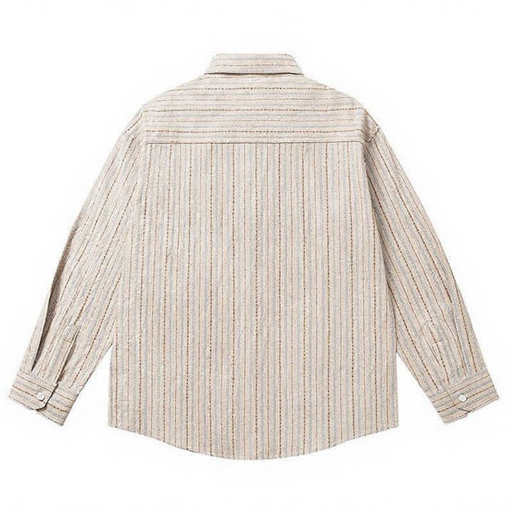 Buddha Stones Camicia da uomo a maniche lunghe in cotone a righe, stile vintage, con bottoni e taschino applicato, perfetta per l'autunno. - image 11