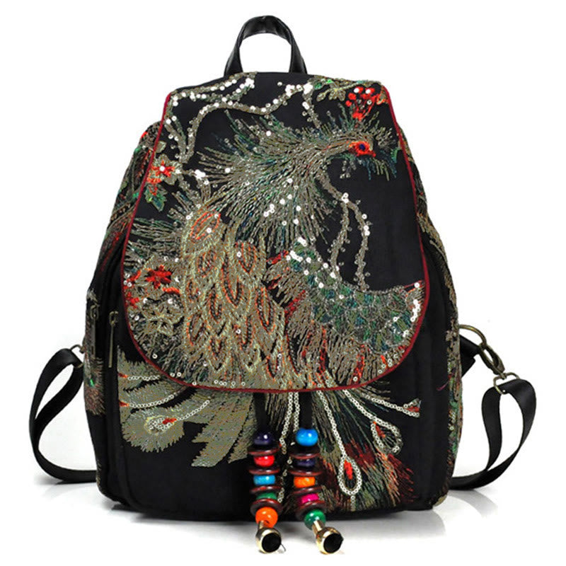 Zaino in tela con nappa e ricamo di pavone Buddha Stones - Pavone nero - image 0
