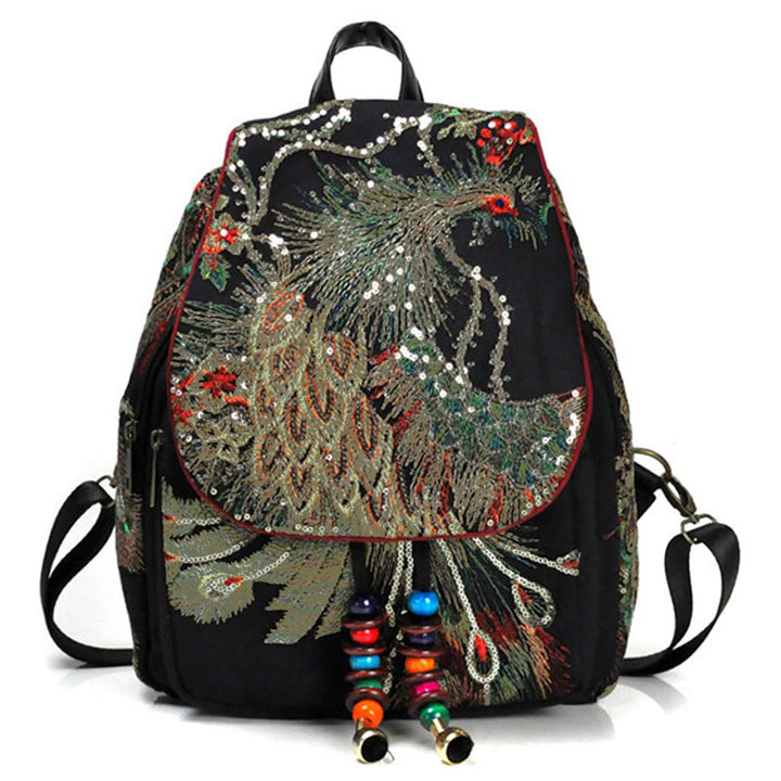 Zaino in tela con nappa e ricamo di pavone Buddha Stones - Pavone nero - image 0
