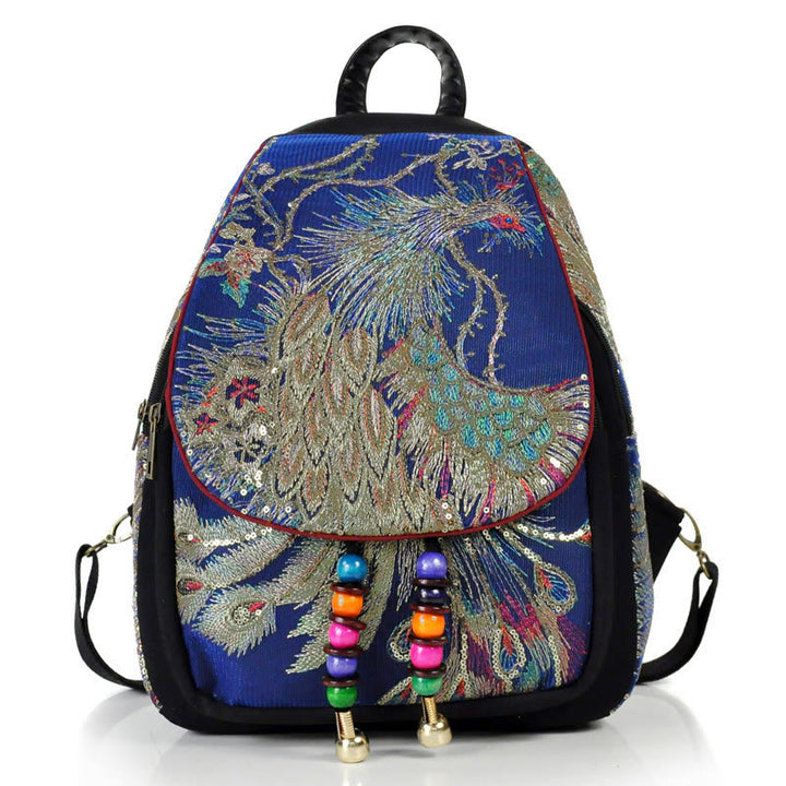 Zaino in tela con nappa e ricamo di pavone Buddha Stones - Pavone blu scuro - image 17