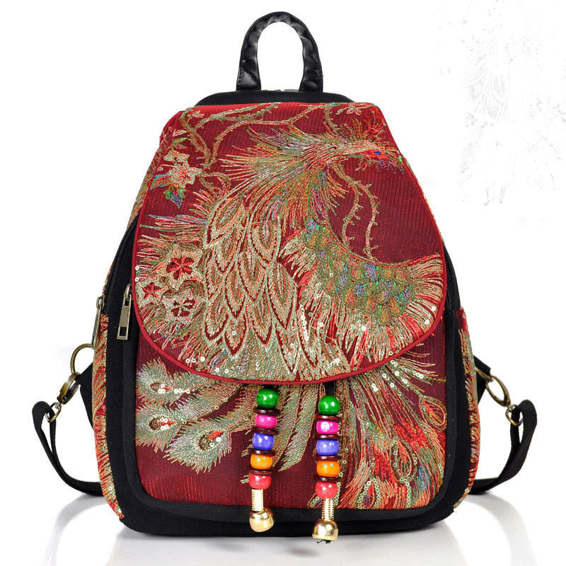 Zaino in tela con nappa e ricamo di pavone Buddha Stones - Pavone rosso vino - image 18