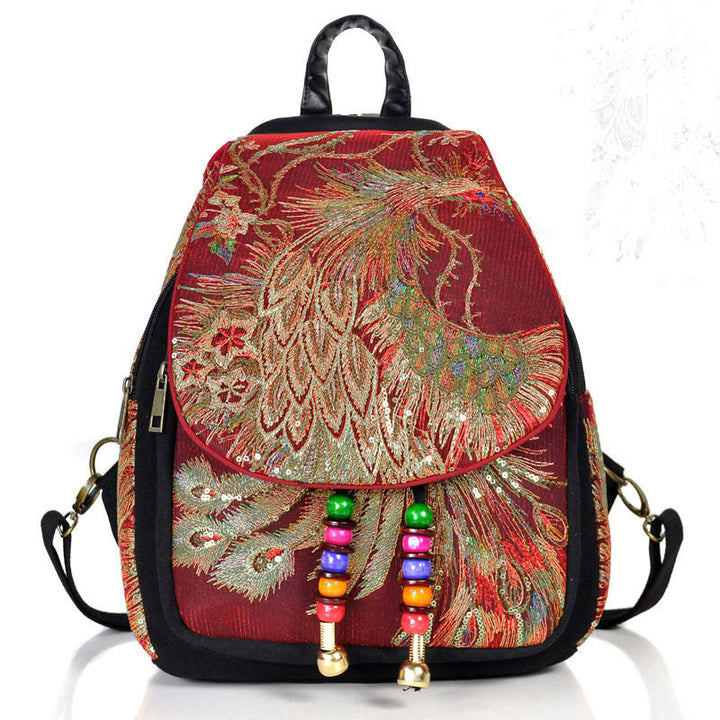 Zaino in tela con nappa e ricamo di pavone Buddha Stones - Pavone rosso vino - image 18