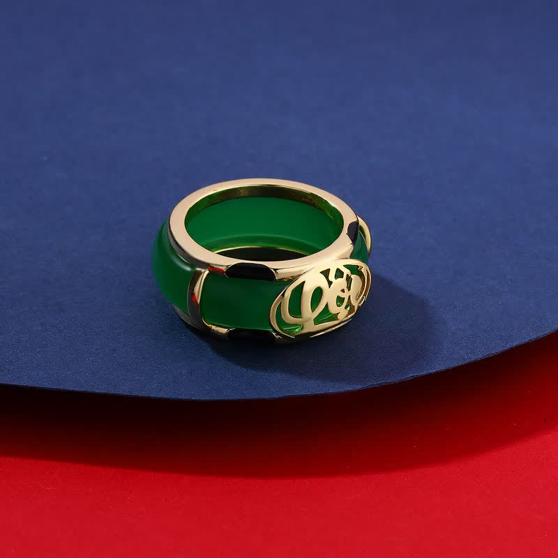 Buddha Stones Anello vintage in giada verde con motivo del personaggio Fu - image 3