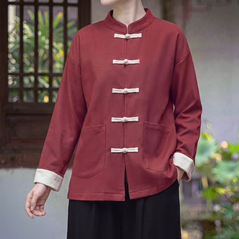 Buddha Stones Giacca da donna tinta unita stile Tang, vintage, con colletto alla coreana, bottoni a rana, tinta unita, con tasca, autunno/inverno. - FireBrick - US16, UK/AU20, EU48 (5XL) - image 0