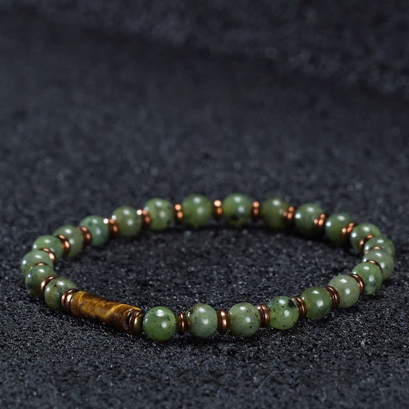 Buddha Stones Bracciale con perle rotonde di agata muschiata verde e accenti occhio di tigre - Agata muschiata e occhio di tigre (circonferenza del polso: 15-16 cm) - image 2