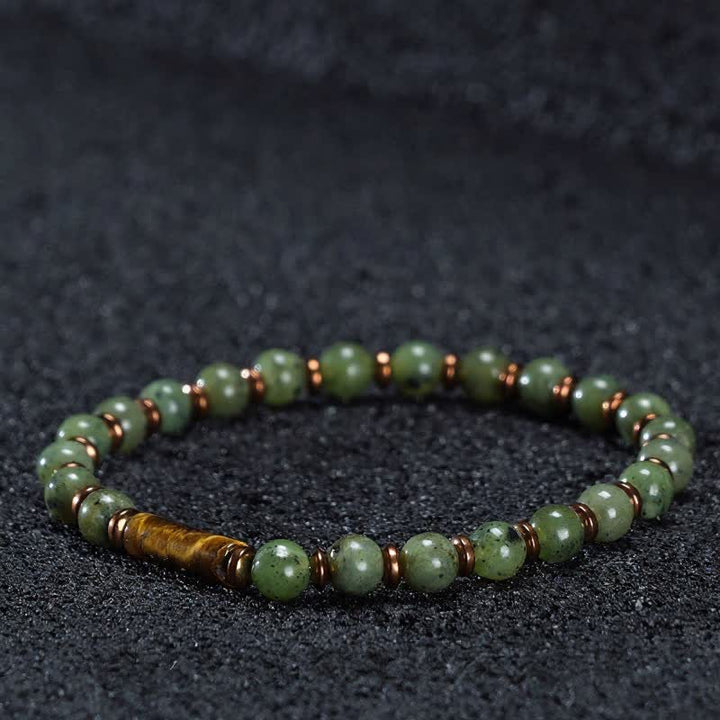 Buddha Stones Bracciale con perle rotonde di agata muschiata verde e accenti occhio di tigre - Agata muschiata e occhio di tigre (circonferenza del polso: 15-16 cm) - image 2