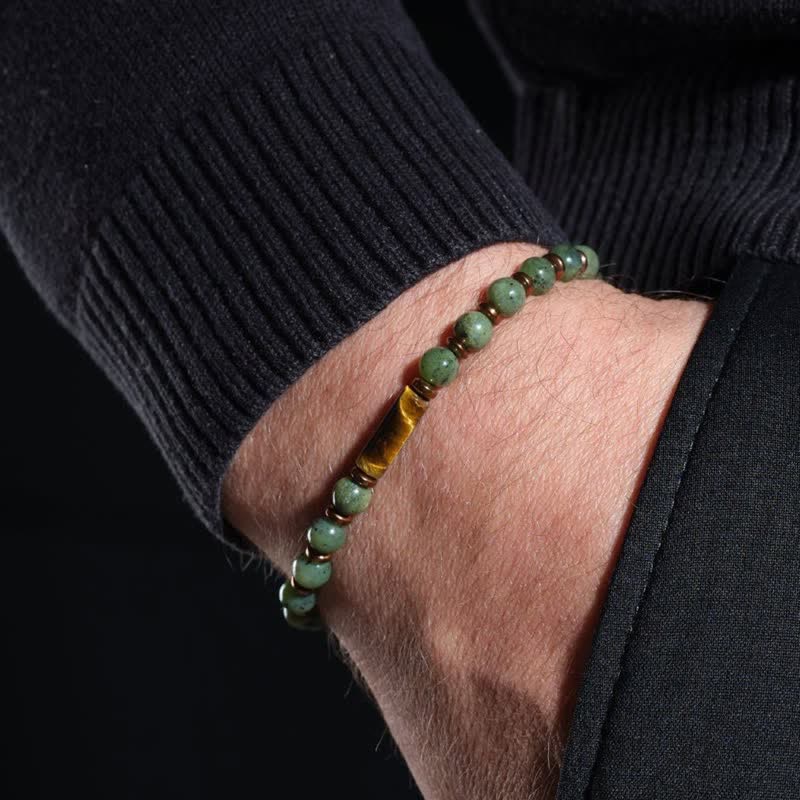 Buddha Stones Bracciale con perle rotonde di agata muschiata verde e accenti occhio di tigre - image 10