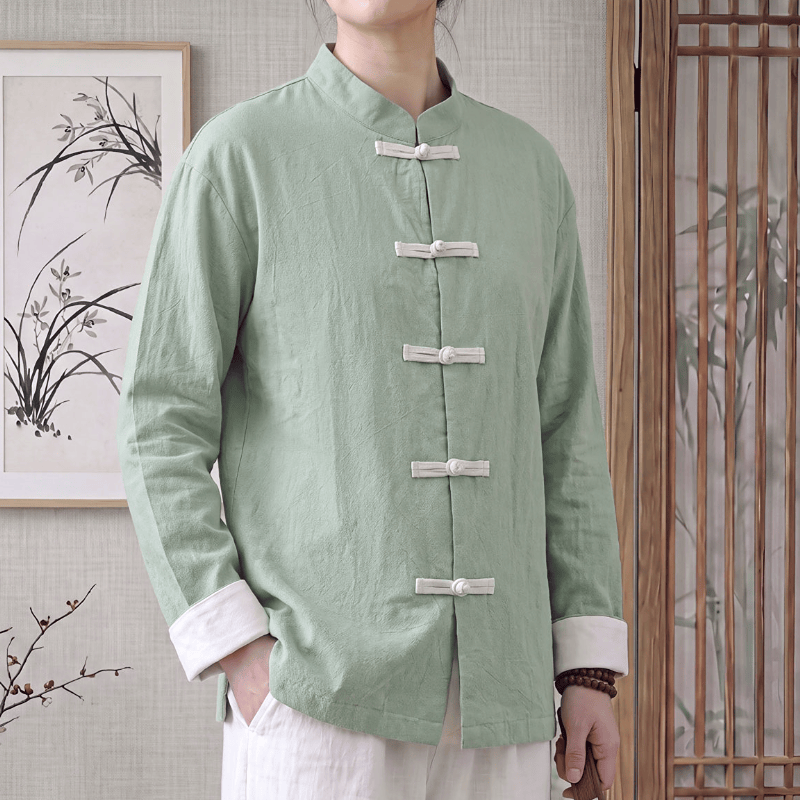 Buddha Stones Camicie da donna a maniche lunghe in cotone tinta unita, stile Tang, minimaliste, con colletto alla coreana e bottoni a rana, per primavera/autunno. - Verde pallido - US16, UK/AU20, EU48 (5XL) - image 0