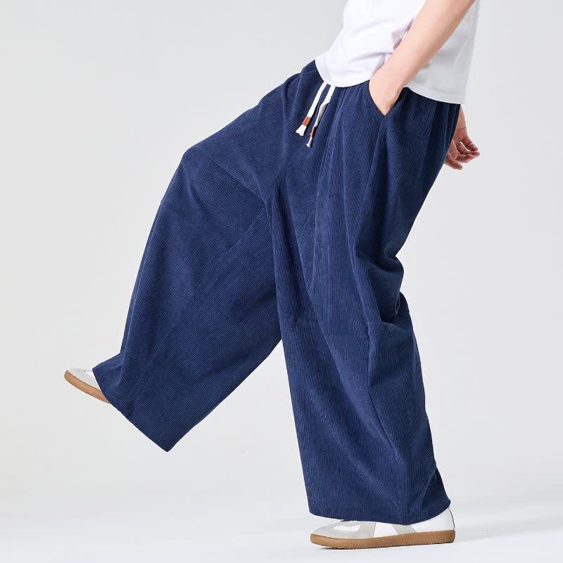 Buddha Stones Pantaloni lunghi da uomo a gamba dritta con coulisse, in velluto a coste, tinta unita, per autunno/inverno, con tasca. - Marina - US/UK/AU46, EU56 (5XL) - image 0