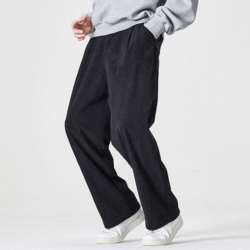 Buddha Stones Pantaloni lunghi da uomo a gamba dritta con pieghe, in velluto a coste, stile vintage, per autunno/inverno, casual e vintage, con tasche. - Nero - US/UK/AU46, EU56 (5XL) - image 0