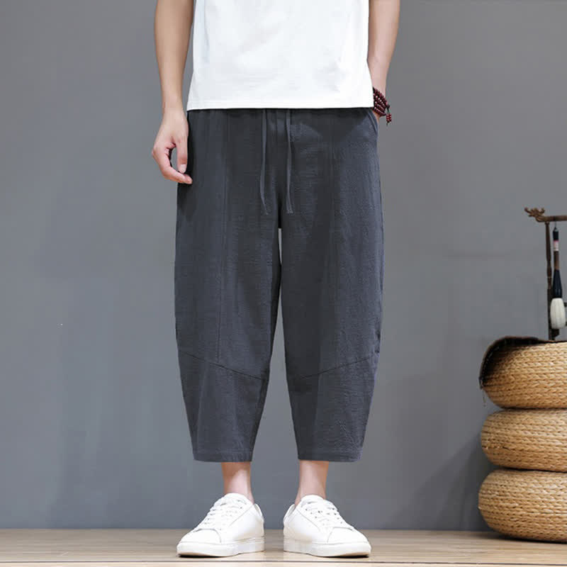 Buddha Stones Pantaloni capri da uomo in cotone e lino, casual, minimalisti, con coulisse, per primavera/estate, modello harem con tasca. - image 1