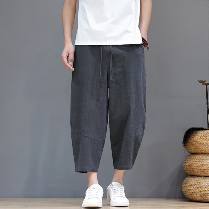 Buddha Stones Pantaloni capri da uomo in cotone e lino, casual, minimalisti, con coulisse, per primavera/estate, modello harem con tasca. - Grigio ardesia - US/UK/AU46, EU56 (5XL) - image 0
