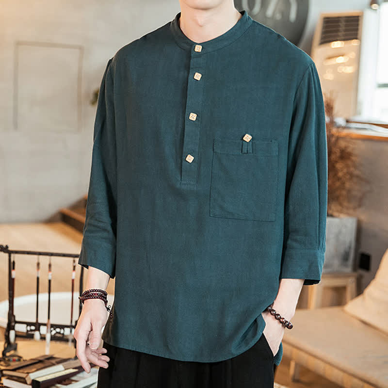 Buddha Stones Camicia da uomo a maniche lunghe, stile Tang, casual, primavera/estate, con colletto alla coreana e taschino applicato, tinta unita. - Grigio ardesia scuro - US/UK/AU46, EU56 (5XL) - image 0