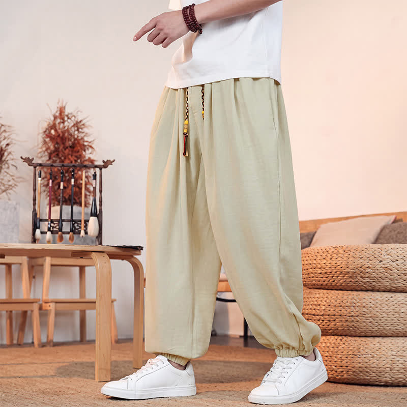 Buddha Stones Pantaloni corti da uomo a gamba dritta con coulisse, tinta unita, per primavera/estate, casual, estivi. Pantaloni da uomo con tasca. - Beige - US/UK/AU46, EU56 (5XL) - image 0
