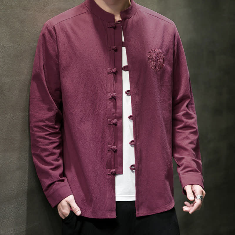 Buddha Stones Camicia da uomo a maniche lunghe, stile Tang, casual, con bottoni a rana, ricamo, tinta unita, per primavera/autunno. - image 2