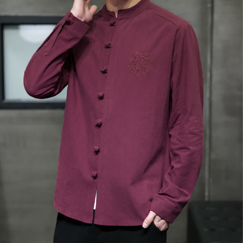 Buddha Stones Camicia da uomo a maniche lunghe, stile Tang, casual, con bottoni a rana, ricamo, tinta unita, per primavera/autunno. - image 1