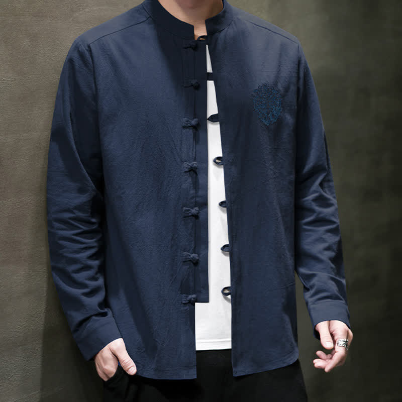 Buddha Stones Camicia da uomo a maniche lunghe, stile Tang, casual, con bottoni a rana, ricamo, tinta unita, per primavera/autunno. - image 18