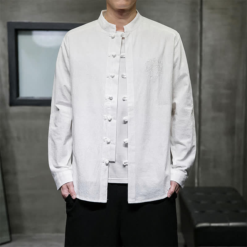 Buddha Stones Camicia da uomo a maniche lunghe, stile Tang, casual, con bottoni a rana, ricamo, tinta unita, per primavera/autunno. - image 6