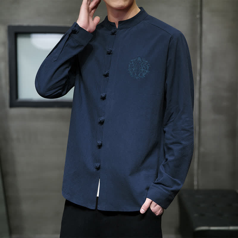 Buddha Stones Camicia da uomo a maniche lunghe, stile Tang, casual, con bottoni a rana, ricamo, tinta unita, per primavera/autunno. - image 16