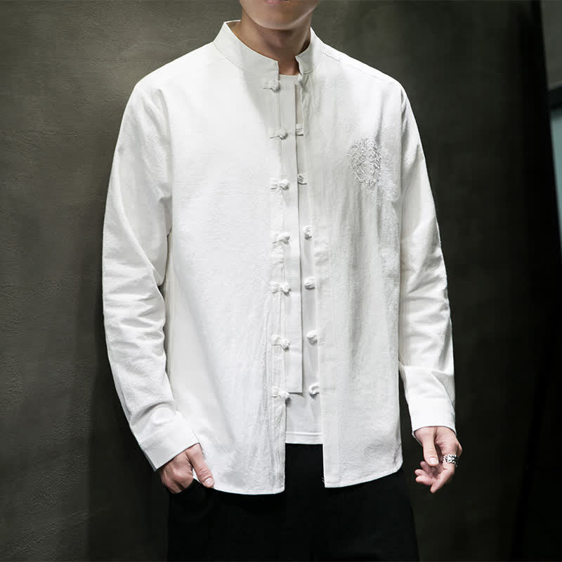 Buddha Stones Camicia da uomo a maniche lunghe, stile Tang, casual, con bottoni a rana, ricamo, tinta unita, per primavera/autunno. - image 8