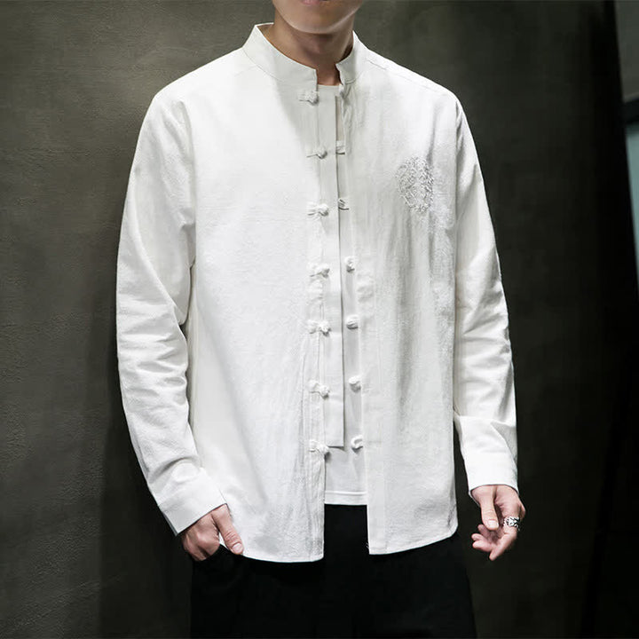 Buddha Stones Camicia da uomo a maniche lunghe, stile Tang, casual, con bottoni a rana, ricamo, tinta unita, per primavera/autunno. - image 8