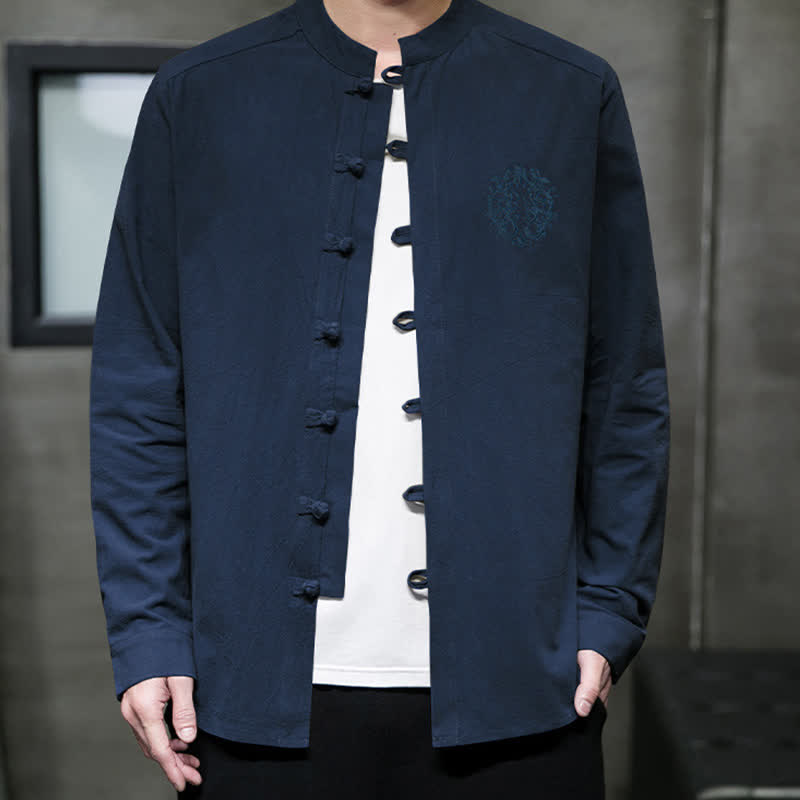 Buddha Stones Camicia da uomo a maniche lunghe, stile Tang, casual, con bottoni a rana, ricamo, tinta unita, per primavera/autunno. - Blu mezzanotte - US/UK/AU46, EU56 (5XL) - image 15