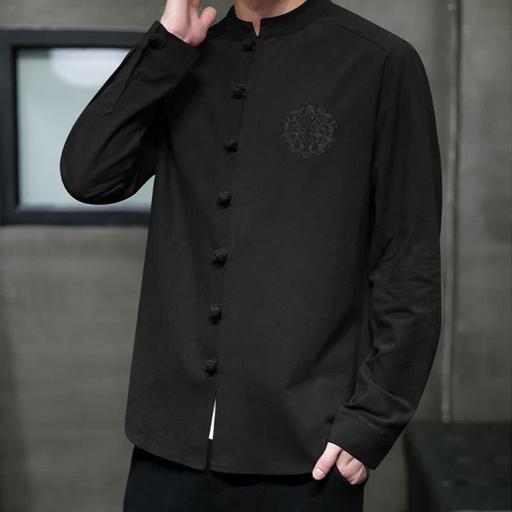 Buddha Stones Camicia da uomo a maniche lunghe, stile Tang, casual, con bottoni a rana, ricamo, tinta unita, per primavera/autunno. - image 11