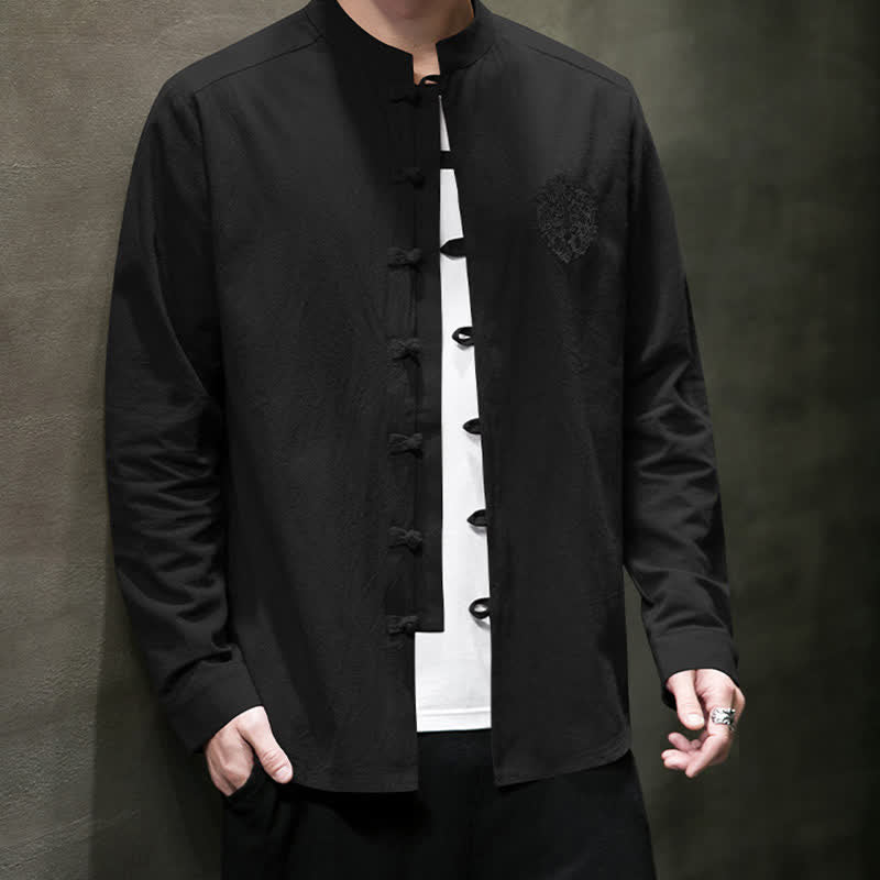 Buddha Stones Camicia da uomo a maniche lunghe, stile Tang, casual, con bottoni a rana, ricamo, tinta unita, per primavera/autunno. - image 13