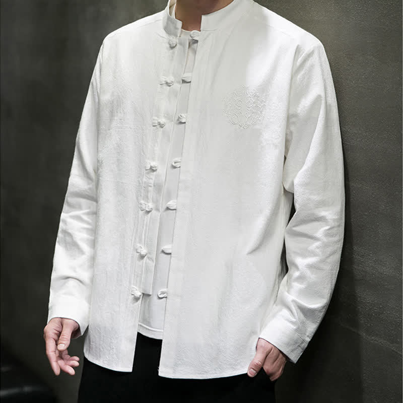 Buddha Stones Camicia da uomo a maniche lunghe, stile Tang, casual, con bottoni a rana, ricamo, tinta unita, per primavera/autunno. - image 9