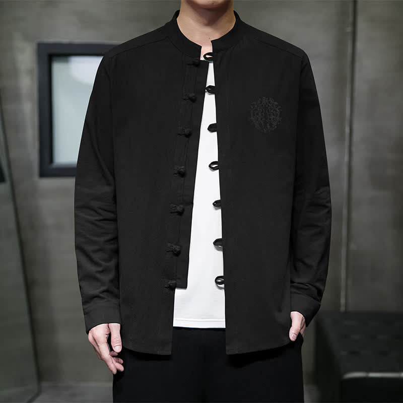 Buddha Stones Camicia da uomo a maniche lunghe, stile Tang, casual, con bottoni a rana, ricamo, tinta unita, per primavera/autunno. - Nero - US/UK/AU46, EU56 (5XL) - image 10
