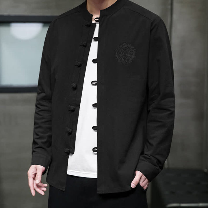 Buddha Stones Camicia da uomo a maniche lunghe, stile Tang, casual, con bottoni a rana, ricamo, tinta unita, per primavera/autunno. - image 12