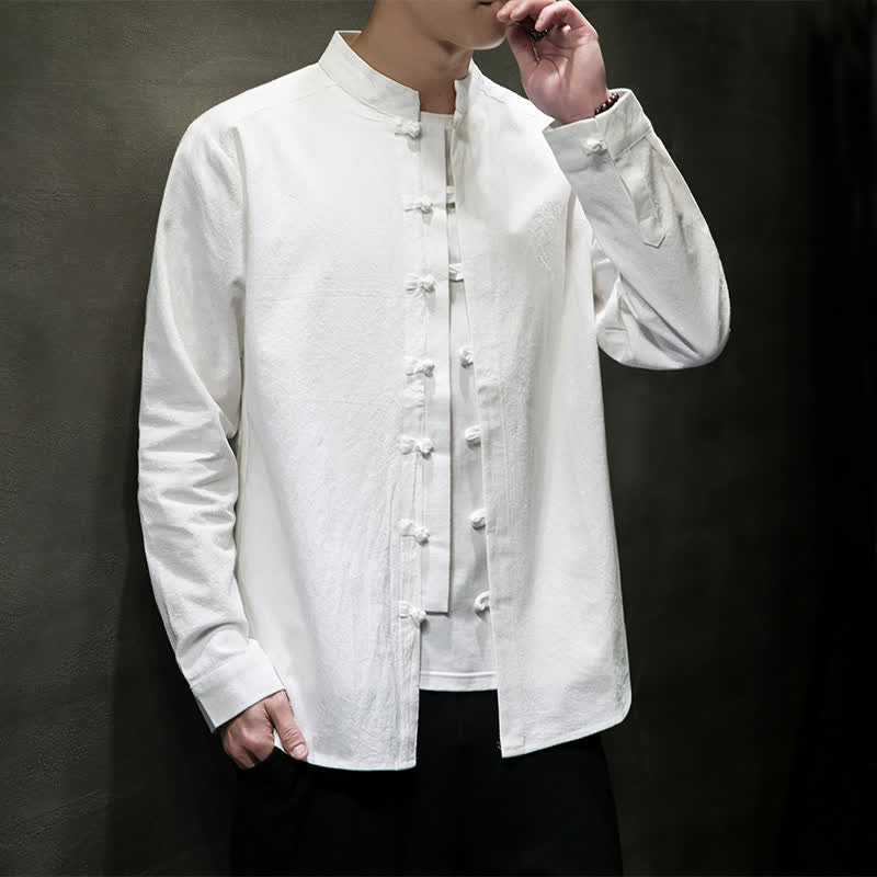 Buddha Stones Camicia da uomo a maniche lunghe, stile Tang, casual, con bottoni a rana, ricamo, tinta unita, per primavera/autunno. - Bianco - US/UK/AU46, EU56 (5XL) - image 5