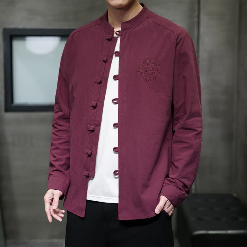 Buddha Stones Camicia da uomo a maniche lunghe, stile Tang, casual, con bottoni a rana, ricamo, tinta unita, per primavera/autunno. - Rosso viola medio - US/UK/AU46, EU56 (5XL) - image 0