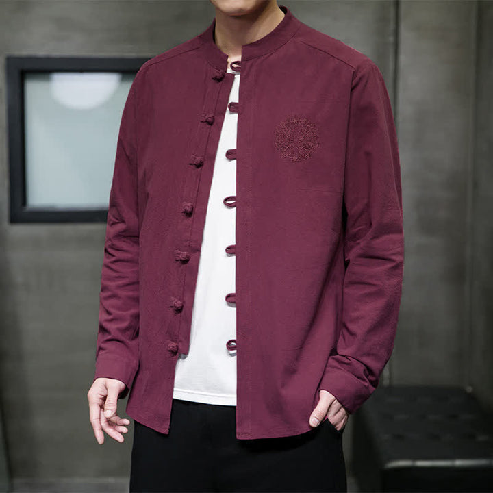 Buddha Stones Camicia da uomo a maniche lunghe, stile Tang, casual, con bottoni a rana, ricamo, tinta unita, per primavera/autunno. - Rosso viola medio - US/UK/AU46, EU56 (5XL) - image 0