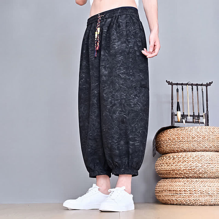 Buddha Stones Pantaloni capri da uomo stile boho casual primavera estate con coulisse e stampa astratta, pantaloni harem con tasca - image 15