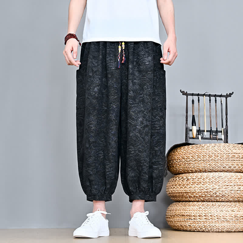 Buddha Stones Pantaloni capri da uomo stile boho casual primavera estate con coulisse e stampa astratta, pantaloni harem con tasca - Nero - US/UK/AU48, EU58 (5XL) - image 14