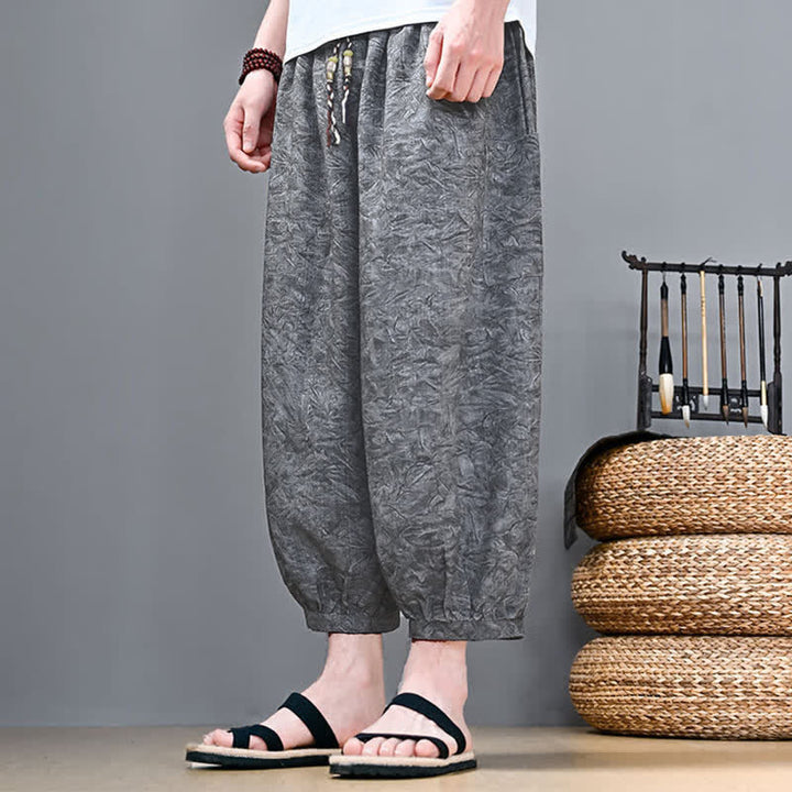 Buddha Stones Pantaloni capri da uomo stile boho casual primavera estate con coulisse e stampa astratta, pantaloni harem con tasca - image 8