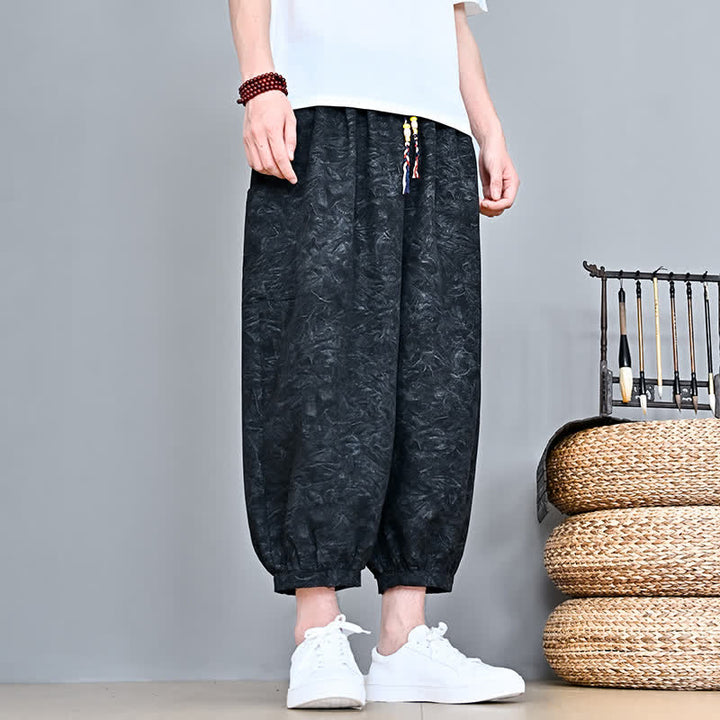 Buddha Stones Pantaloni capri da uomo stile boho casual primavera estate con coulisse e stampa astratta, pantaloni harem con tasca - image 17