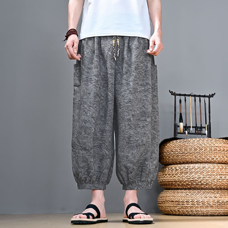 Buddha Stones Pantaloni capri da uomo stile boho casual primavera estate con coulisse e stampa astratta, pantaloni harem con tasca - Grigio chiaro - US/UK/AU48, EU58 (5XL) - image 7